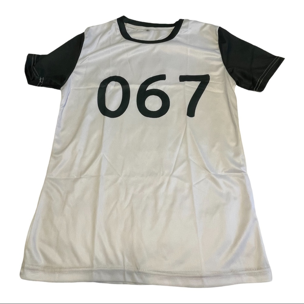 White crew neck polyester t shirt. Size S. Brand new. 067 on front.
